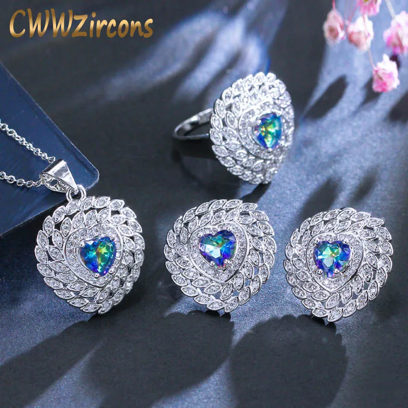 CWWZircons Mystical Blue Crystal Jewelry Sets Heart Shape Rings Necklace and Earrings Set for Women Fashion Love Gifts T006|Ювелирные
