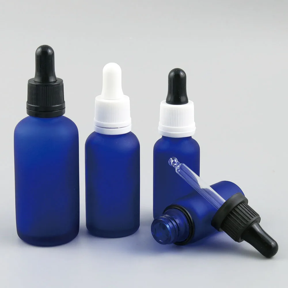 

10pcs/lot 5ml 10ml 15ml 20ml 30ml 50ml 100ml Frosted Blue Glass Bottle with Eye Droppers for Essential Oils Refillable Container