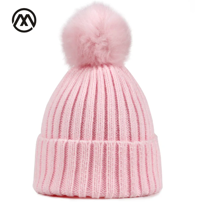 Новые детские хлопковые вязаные шапки с искусственным мехом и помпонами для