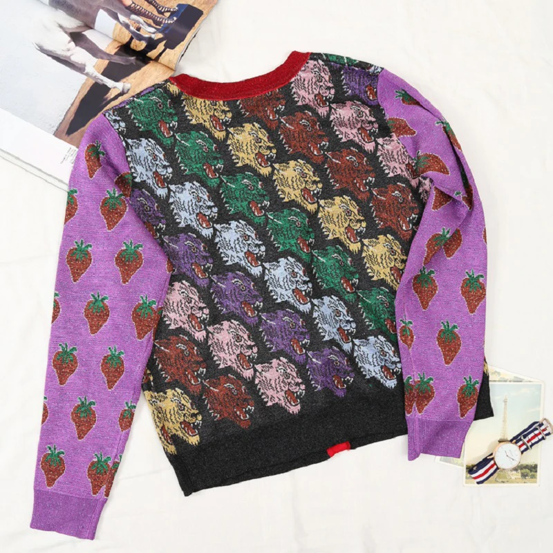 2018 Autumn Winter Luxury Silk Sweater Cardigans Women Runway Designer Tiger Print Long Sleeve Ladies Purple Knit Jumper Clothes |