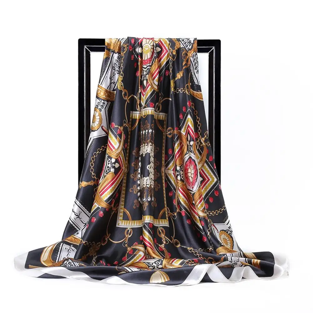 

Silk Scarf for Women Fashion Chain Print Foulard 90cm Square Bandana Ladies Head Neckerchief Brand Quality Satin Hijab Scarf