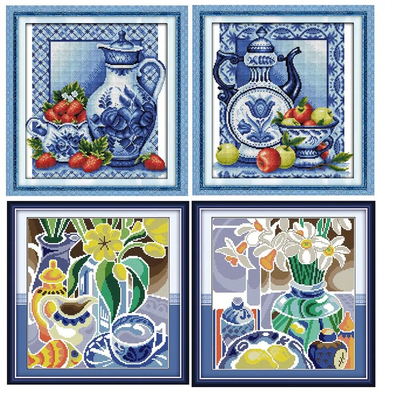 Синий и белый фарфор цветок картина с фруктами Счетный напечатанный на холсте DMC