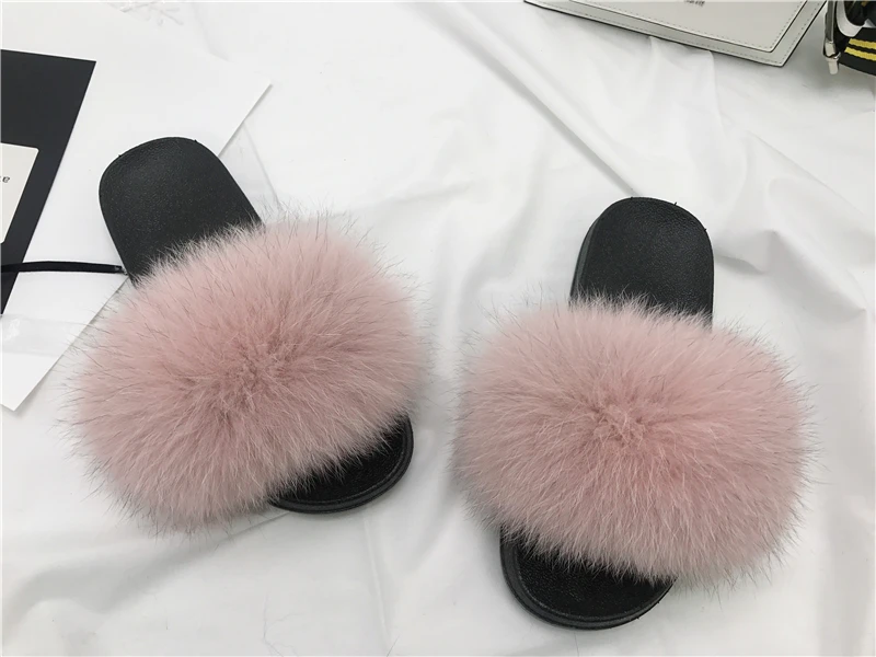 pink Женские меховые тапочки из натурального меха енота лисы меховые Тапочки s пляжные шлепанцы модный стиль пушистые шлепанцы мягкие теплые большие пушистые Меховые Туфли - Цвет: pink