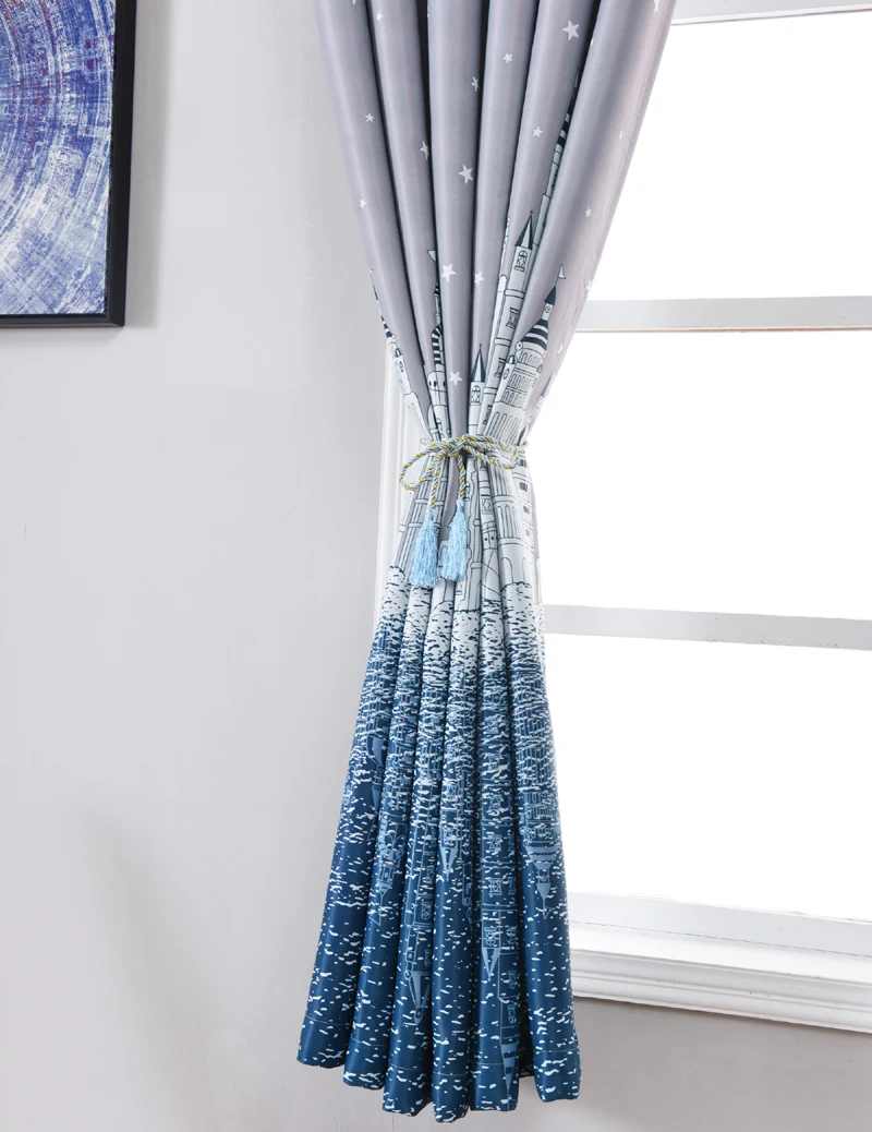 Modern Printed Castle Coffee Color Blackout Curtain For Kids Boys Bedroom Navy Blue Short Curtain Kitchen Window Drapes PC009D3