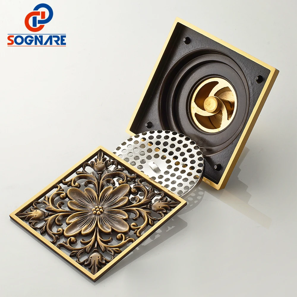 SOGNARE 10*10 см античная латунная резная крышка квадратная душевая напольная
