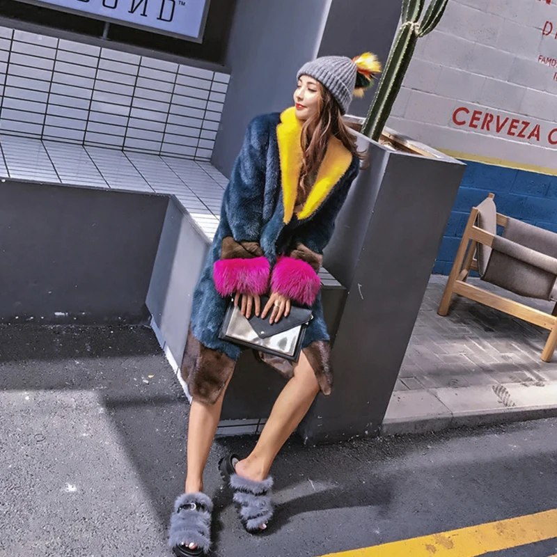 Stylish Winter 2019 female jacket colorful elegant long real mink fur coats polo collar raccoon dog sleeve new Women's clothing