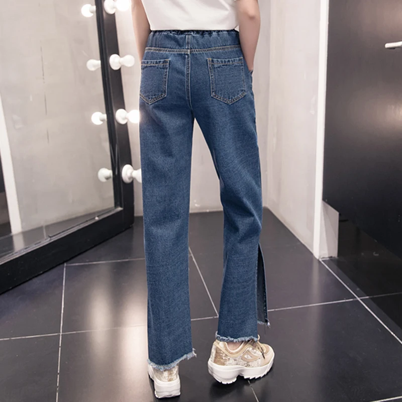 Woman Hem Frayed Wide Leg Jeans Autumn Plus Size Elastic High Waist Korean Vintage Solid Denim Pants Split Trousers |