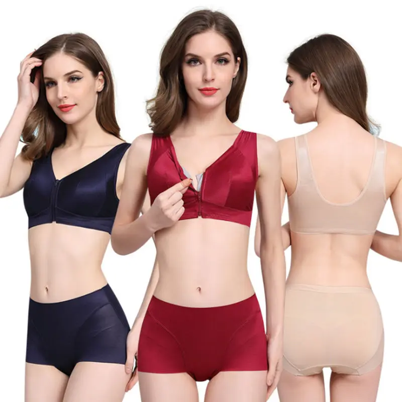 100% шелк качественные женские бюстгальтеры на молнии спереди массажная чашка