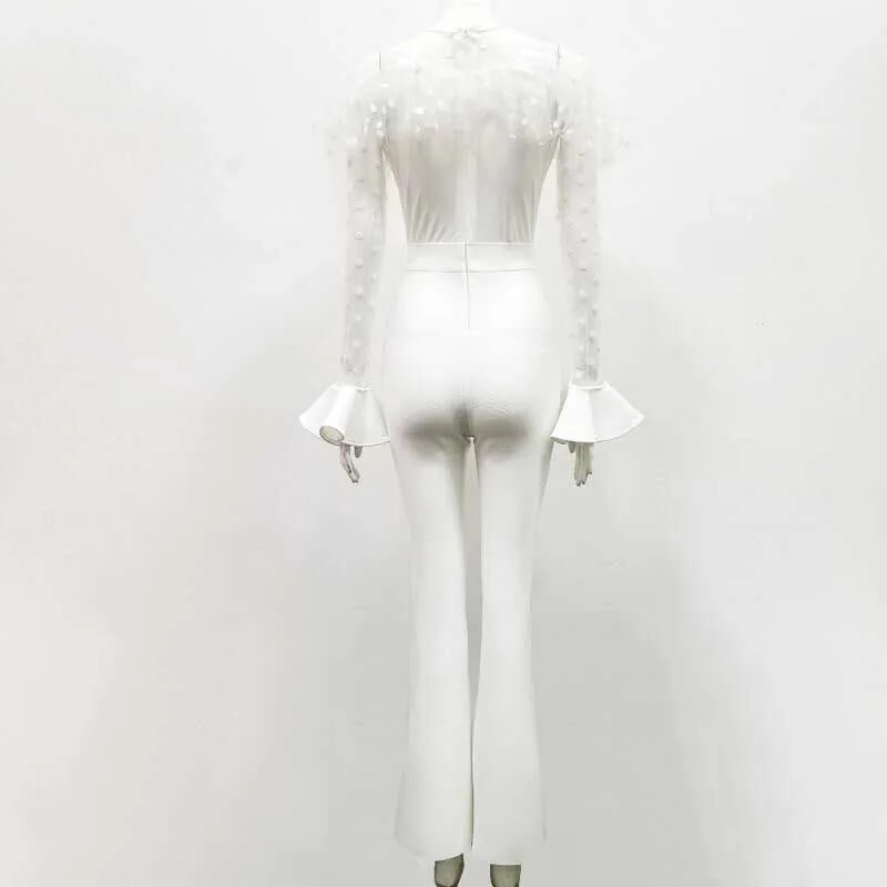 wholesale Newest Celebrity Party Bandage Jumpsuit White lace Long sleeve V-neck sexy perspective Length Women | Женская одежда