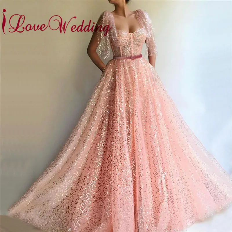 

New Arrival Elegant Evening Dress Sweetheart Short Sleeves Party Dress Custom made A Line Sequin Lace Formal Dress