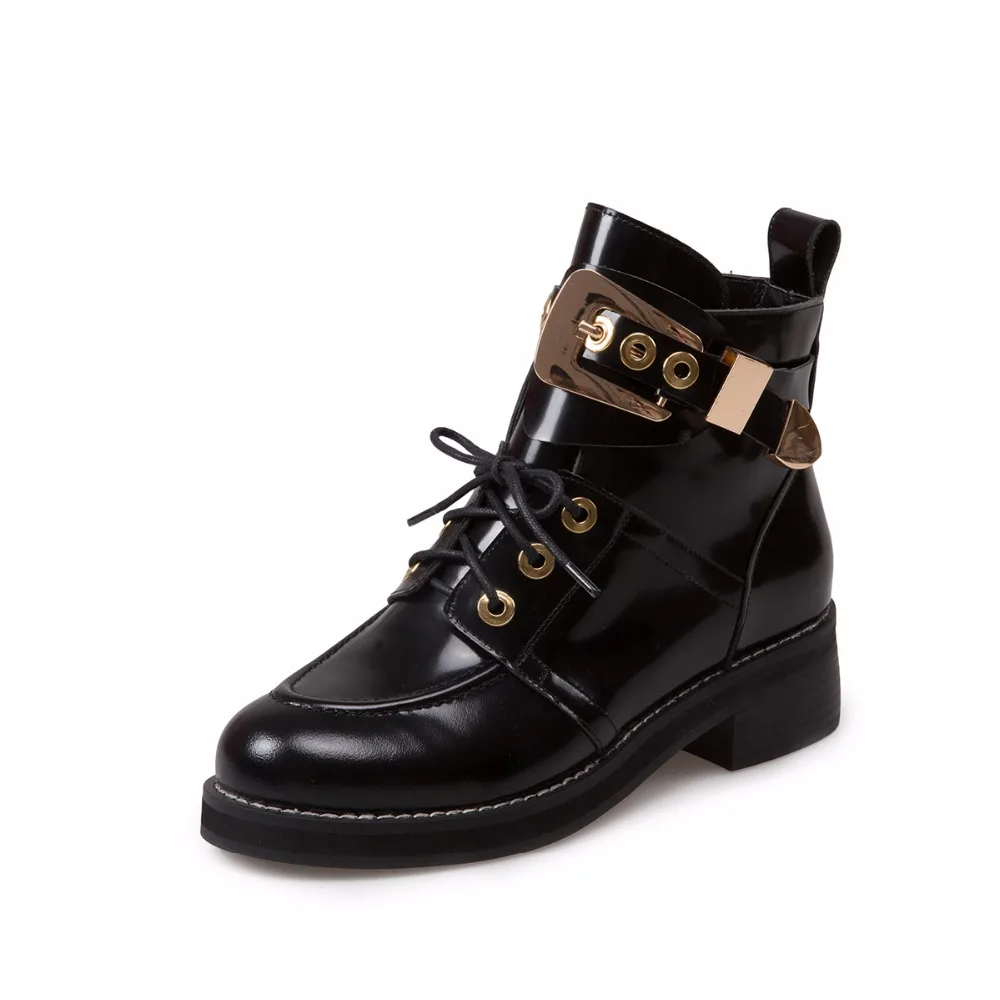 Arden Furtado 2018 spring autumn genuine leather platform motorcycle ankle boots metal matin lace up buckle women's shoes | Обувь