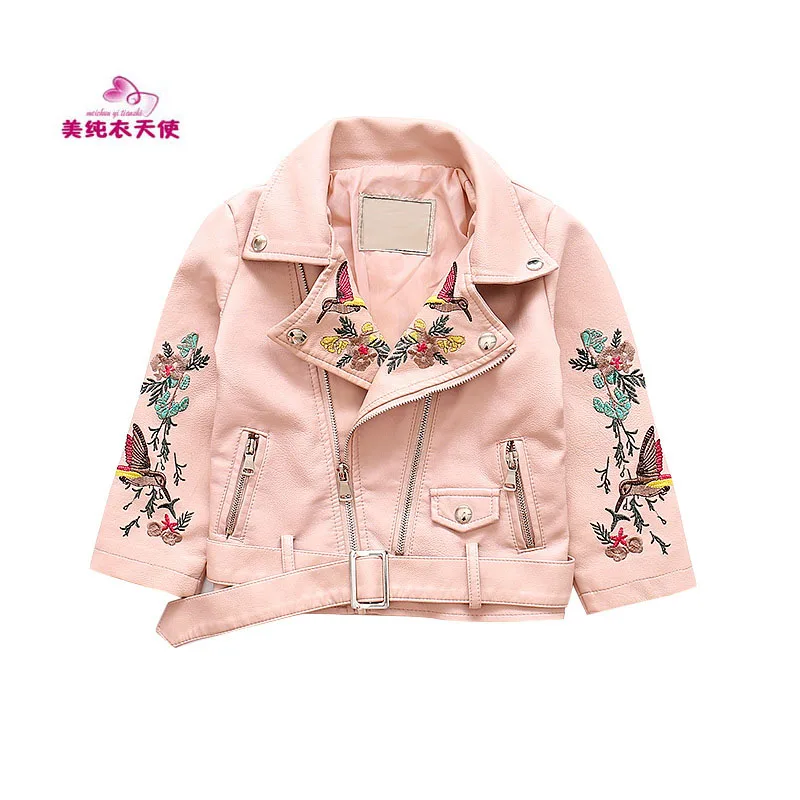 Детская куртка из ПУ кожи на молнии с вышивкой|girls outwear|fashion outwearchildren's leather coat |