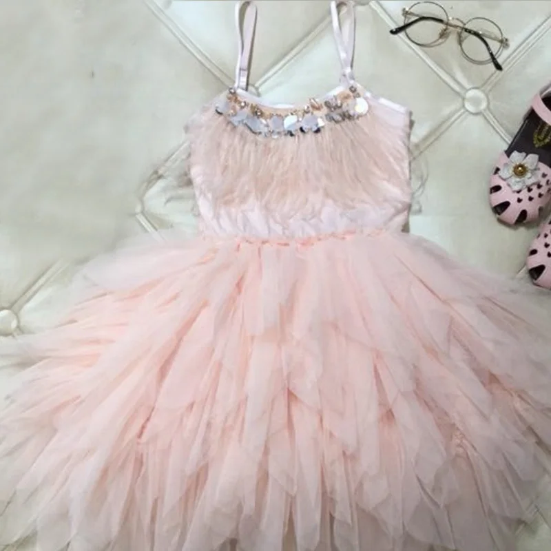 Pink Модное платье с кисточками и перьями для девочек 2-10 лет; нарядные платья для девочек на свадьбу; детское платье принцессы; костюм на день рождения; детская одежда - Цвет: Pink