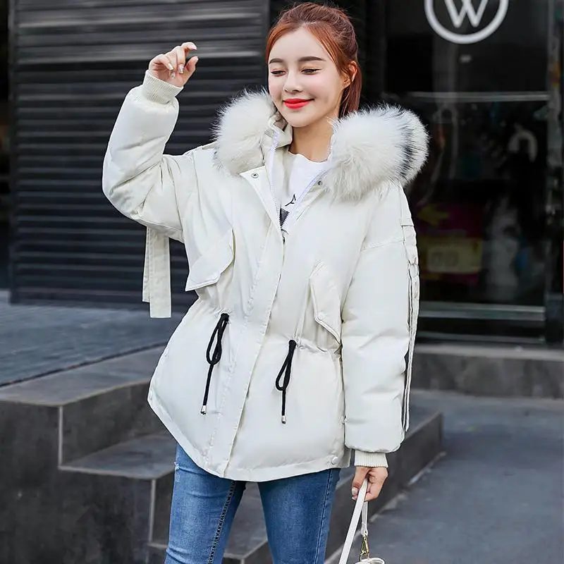 Fitaylor Women Short Winter Cotton Parkas Hooded Warm Loose Jacket Coat Large Fur Collar Cotton Padded Jacket Casual Outerwear - Цвет: Beige-1