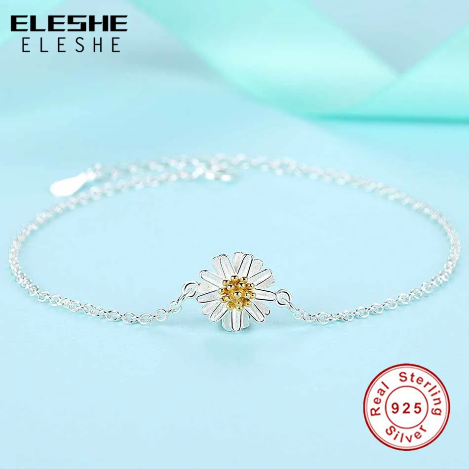 ELESHE, роскошный бренд, 925 пробы, Серебряный цветок ромашки, браслеты с подвесками, звенья цепи, регулируемые браслеты для женщин, свадебные ювелирные изделия