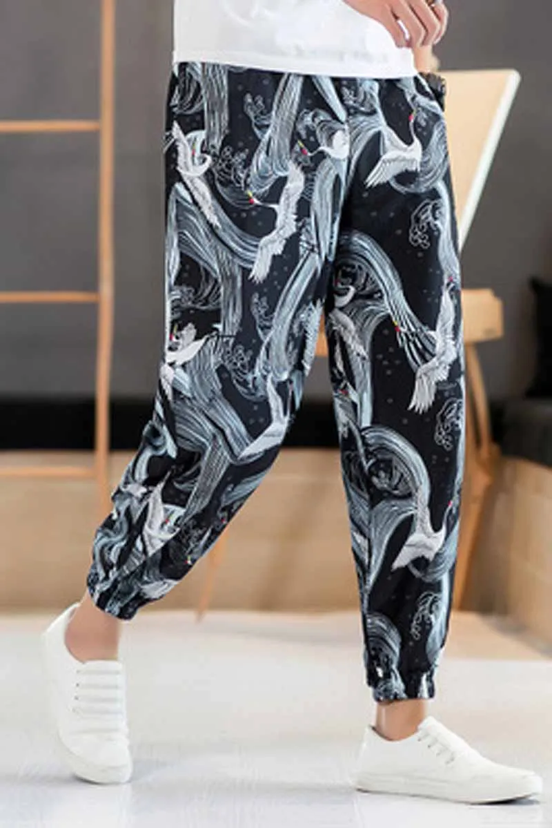 Bumpybeast мужские брюки 2018 черные с принтом журавлей повседневные Harajuku осенние