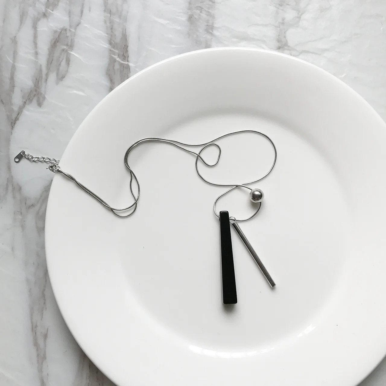Spanish Designer 925 Sterling Silver Necklace Rectangular Column Black Stone Chain Pendant |