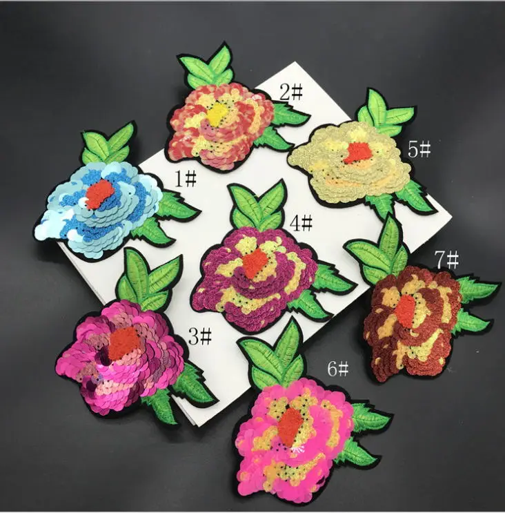 

Free shipping 10 pcs 12cm flower sequins embroidered Iron On Patches hat bag shoe decor garment repair Appliques accessory diy
