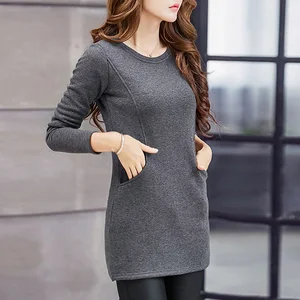 Блузки женские, с длинным рукавом, 2020, зимняя, модная рубашка с круглым вырезом, весенние, плотные, теплые, Длинные Блузки с карманами, облегающие топы, размера плюс