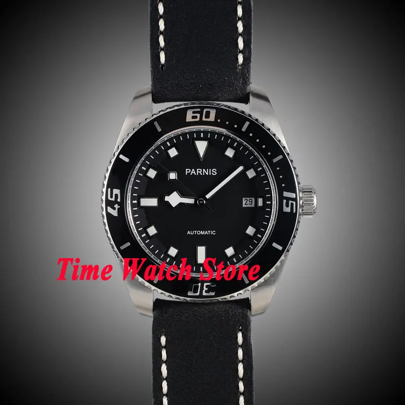 

Parnis 43mm Miyota 821A black dial luminous white marks ceramic bezel sapphire glass 10ATM Automatic mens watch 148