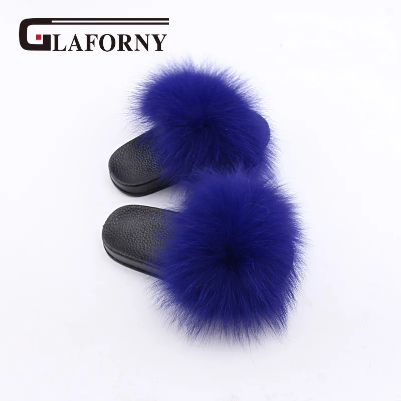 royal blue Glaforny дети натуральным лисьим мехом для девочки Тапочки сезон: весна–лето натуральным мехом; шлепанцы без задника с открытыми пальцами детский Крытый Батутный на открытом воздухе модная обувь класса люкс с рисунком лисы - Цвет: royal blue