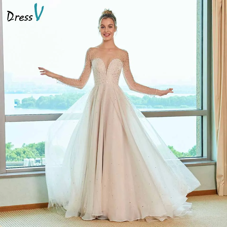 

Dressv scoop neck wedding dress a line long sleeves appliques sequins lace floor length bridal outdoor&church wedding dresses