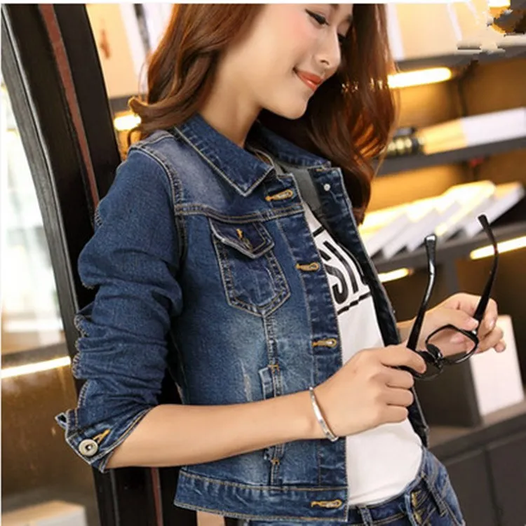 2018 Осенняя женская короткая джинсовая куртка с длинным рукавом приталенное