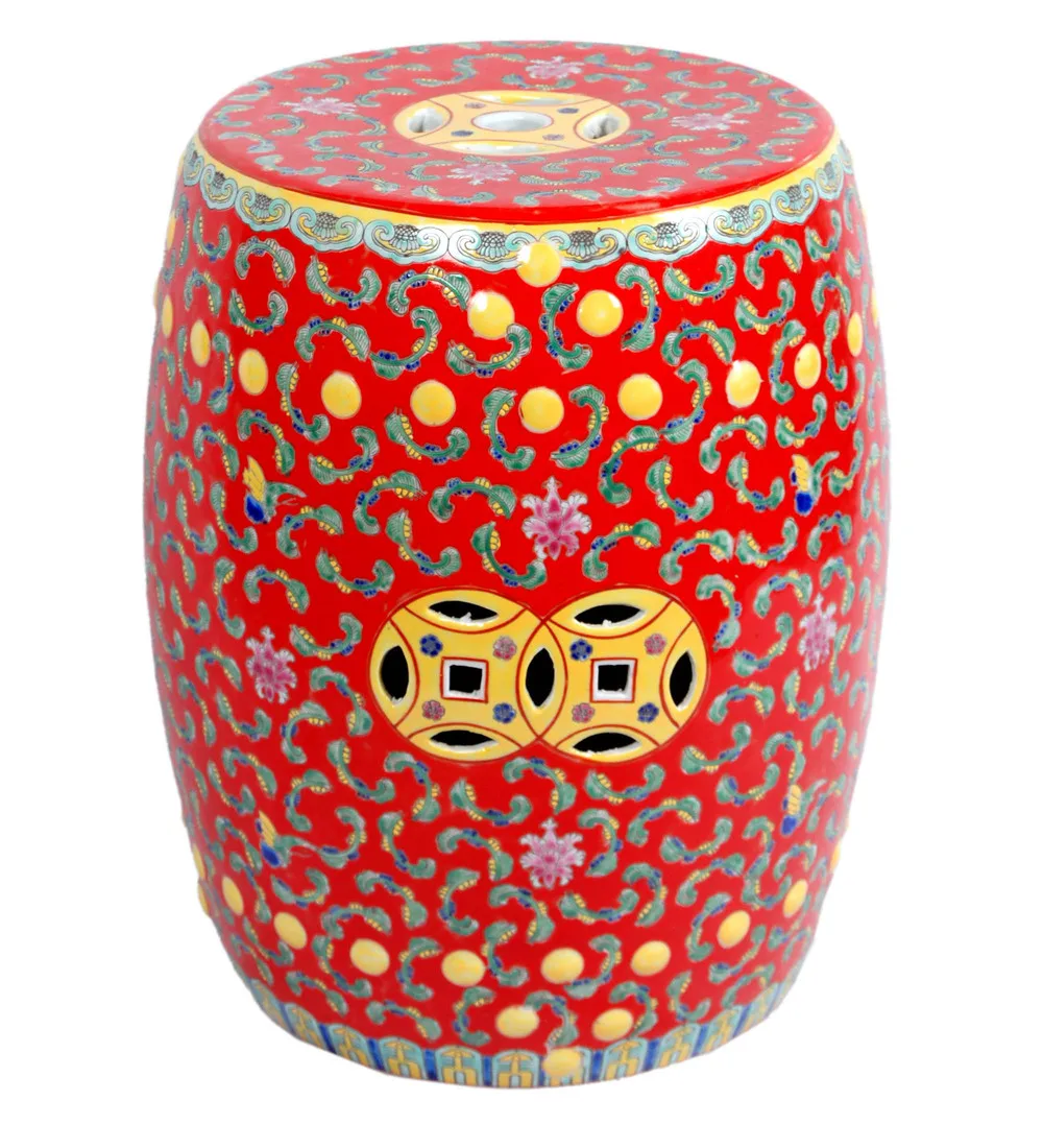 

Red Famille Rose Porcelain Ceramic Garden Stool Seat End Table