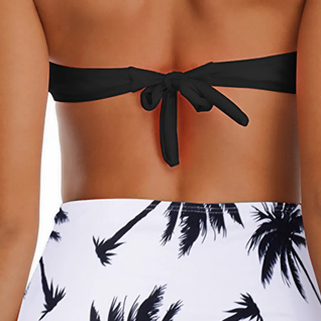 Женское стеганое бикини с открытой спиной пикантное черное цветочным принтом на