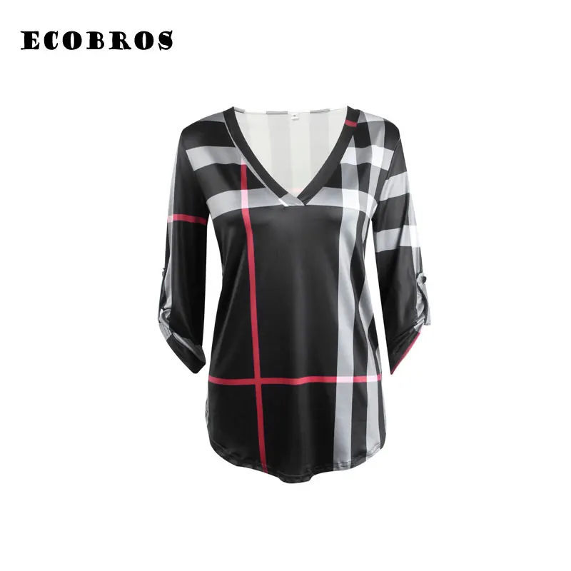 ECOBROS 2017 Новая Женщина Лето Футболка Мода Свободные V-образным Вырезом плед печать