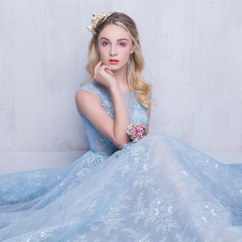 Sweet Baby Blue See Through Бисер кружева Vestidos De Festa Цветочные Аппликации Онлайн платья для
