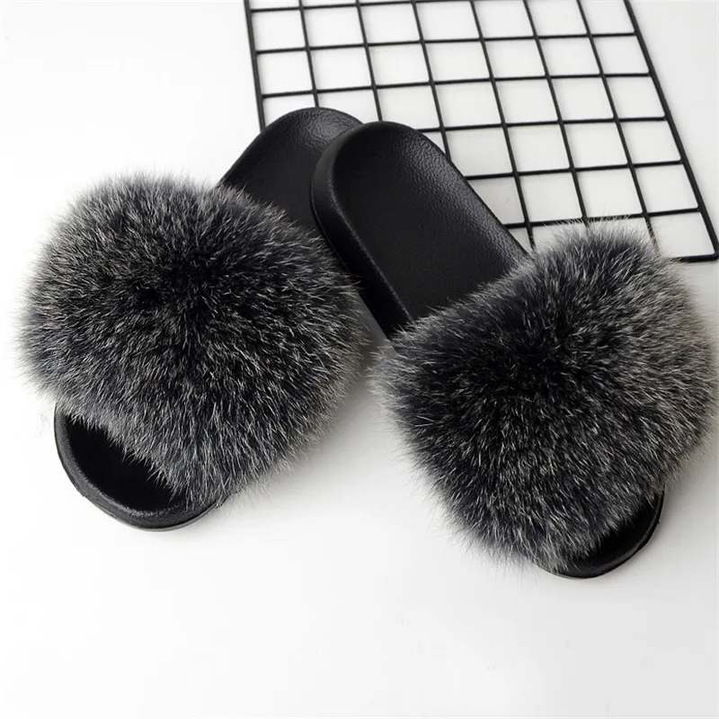 

2019 New Women's Summer Furry Flat Slippers Cute Soft Plush Real Fox Plush Slippers Indoor Fur Fashion Slippers.