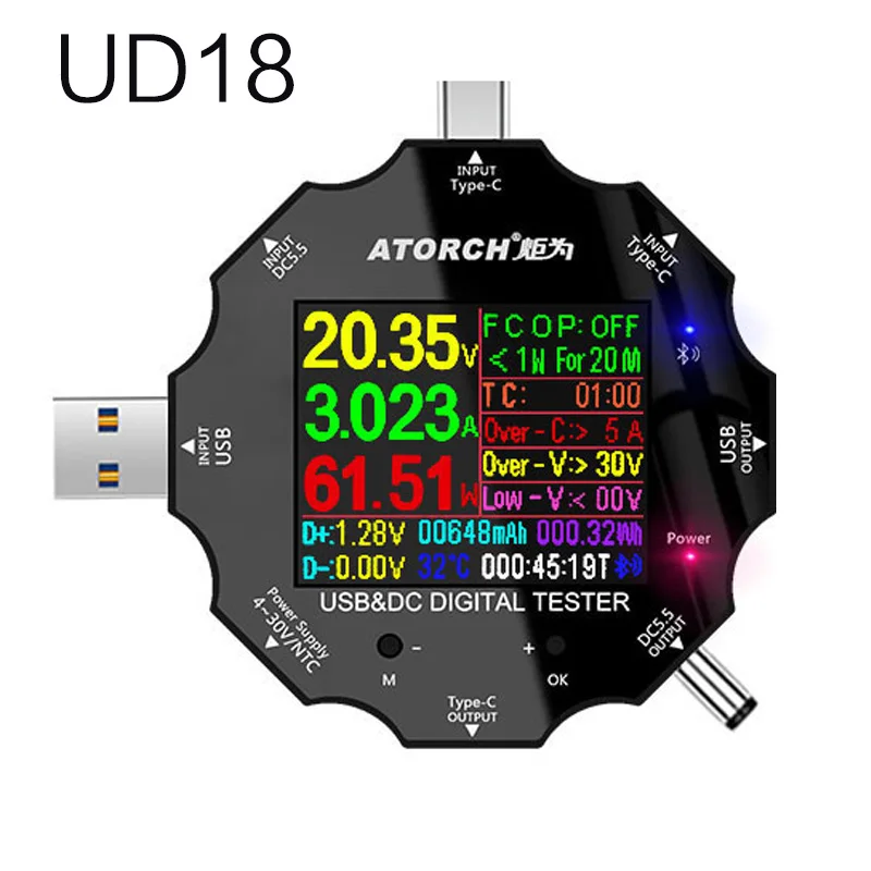 UD18 UD18 Для APP USB 3,0 Тип-C PD DC5.5 5521 Вольтметр Амперметр Напряжение измеритель тока, для батареи зарядки измерения Кабельный тестер сопротивления - Цвет: UD18