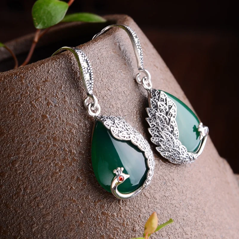 S925 sterling silver earrings female chalcedony blue sandstone pomegranate red retro elegant peacock new free shipping | Украшения и