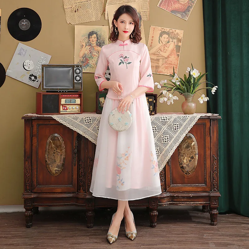 Новая улучшенная версия платья Чонсам китайский hanfu Женский три четверти рукав цветок вышивка Двухсекционный размер S-3XL