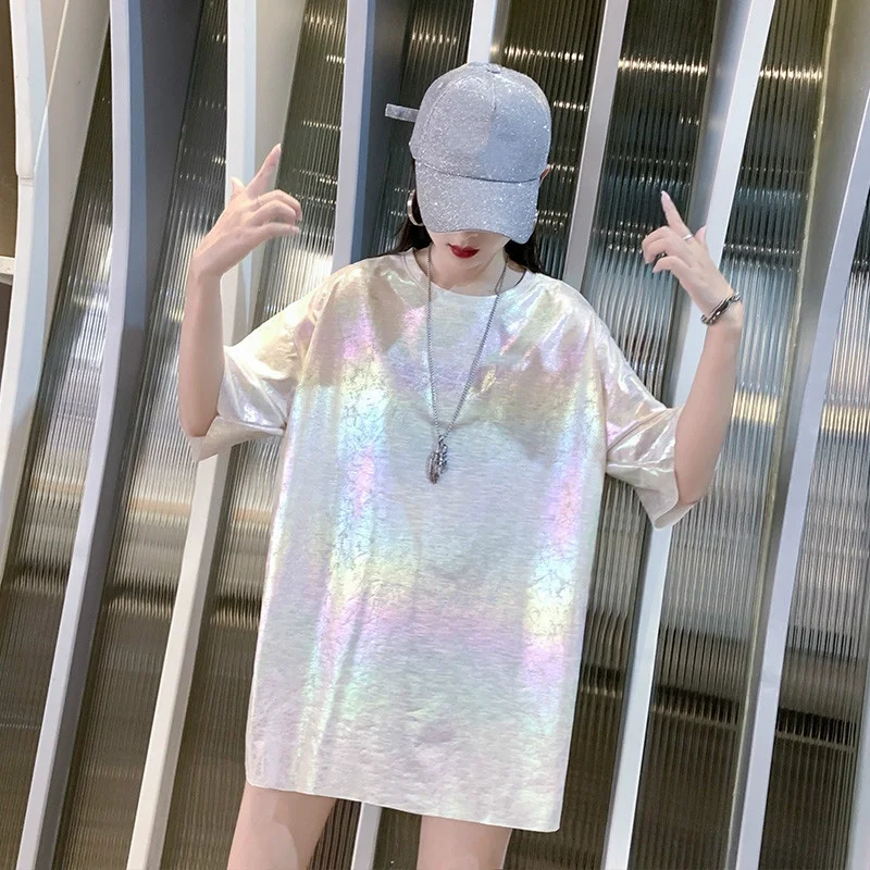 

Casual Loose Ladies Sparkle Glitter T-shirt Club Laser Top Harajuku Loose Casual Punk Women Shirts O-Neck Streetwear 904-B126