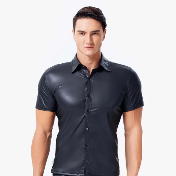 top shirt plus size men women sexy lingerie top tanks male latex underwear catsuit PU sexy men PVC shirt club wear - Цвет: top shirt