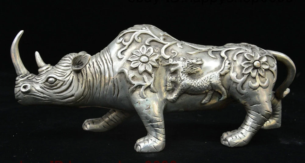 Китай серебряный фэн шуй Kylin Чи Лин Qilin Totems Rhinoceros Xi Ox Статуя богатства|Статуи и