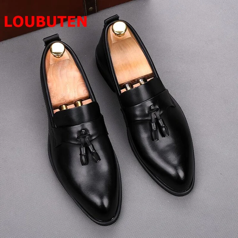 LOUBUTEN Black Soft Leather Men Loafers Fashion Pointed Toe Tassel Shoes Breathable Slip On Mens Casual Flats | Обувь