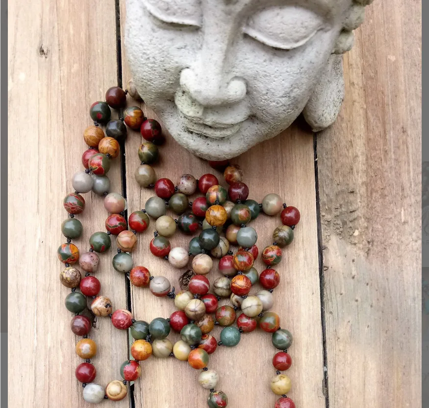 Длинное ожерелье 108 Mala Beads натуральный камень PicassoJasper камни коричневая кисточка