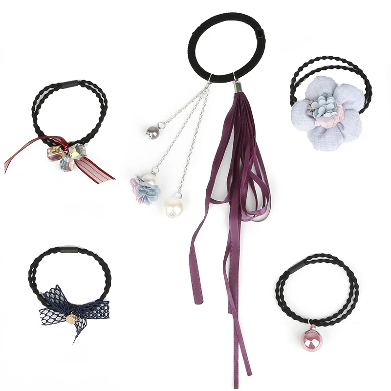 purple 02 style Набор из 5 предметов, Сказочная лента с бантом, веревки для волос, резинка с милым бантом, эластичная лента для волос для женщин, аксессуары для волос для девочек - Цвет: purple 02 style