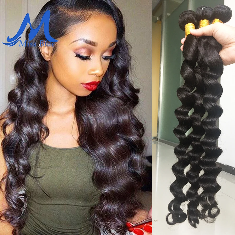 Missblue 3 Bundles With Closure Brazilian Hair Weave Bundle Lace Loose Wave Remy Human | Шиньоны и парики