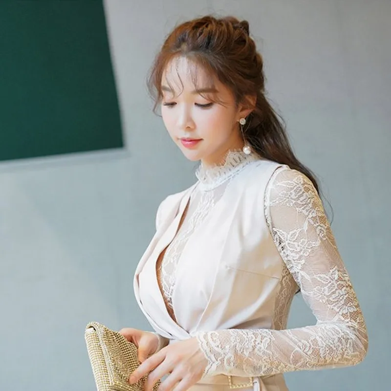 

Spring New Ladies Qualities Fake Two Pieces Patchwork Lace Dress Sexy See Through Fashion Slim Fit Wrap Female Dress