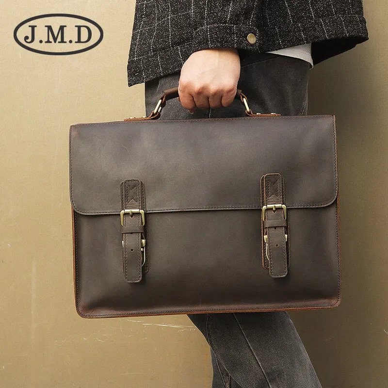 Мужской кожаный портфель J.M.D винтажная темно коричневая сумка мессенджер для
