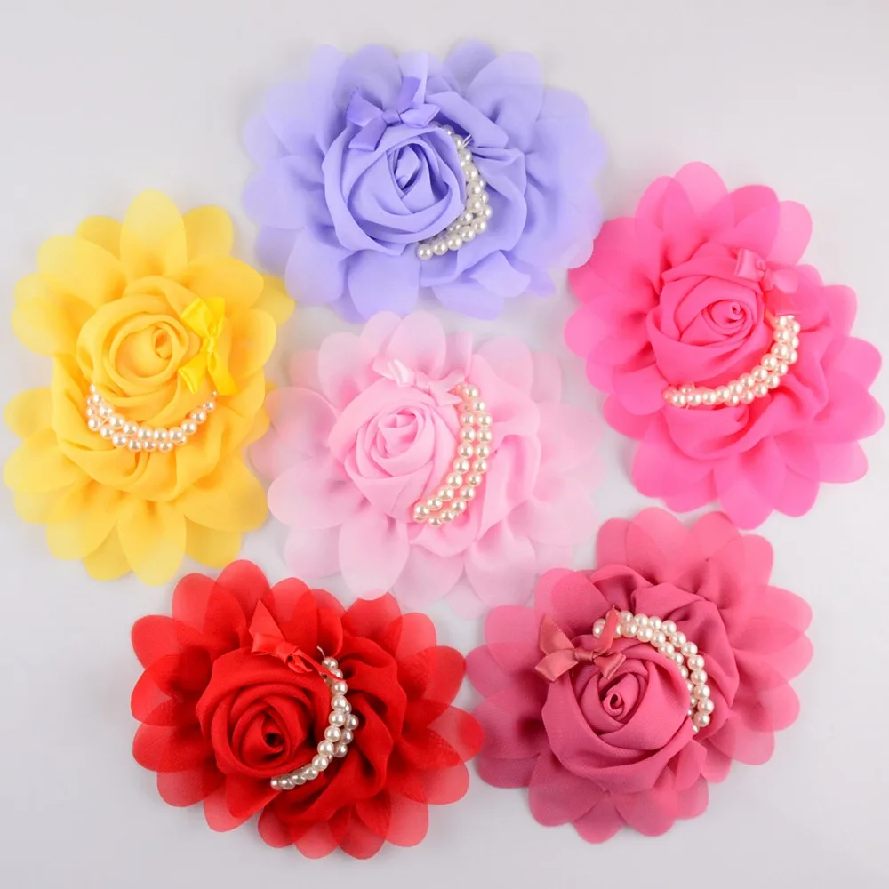 

30pcs/lot 19colors Artificial Goldfish Bowknot Chiffon Rolled Rosette Flower With Pearls Solid Fabric Flowers For Baby Headbands