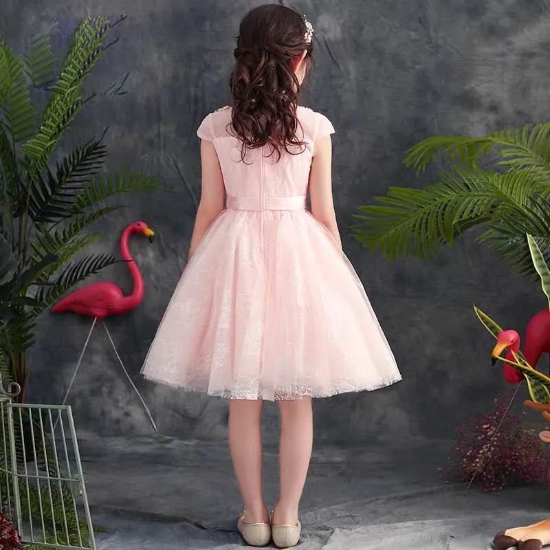 

2020 Summer New Children Girls Korean Sweet Elegant Pink Birthday Wedding Party Lace Dress Baby Kids Chinese Wind Fluffy Dress