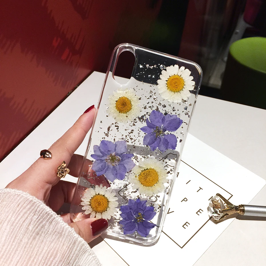 Qianliyao Роскошные настоящие сухие цветы чехол для телефона iPhone 6 6S 7 8 Plus X Чехлы