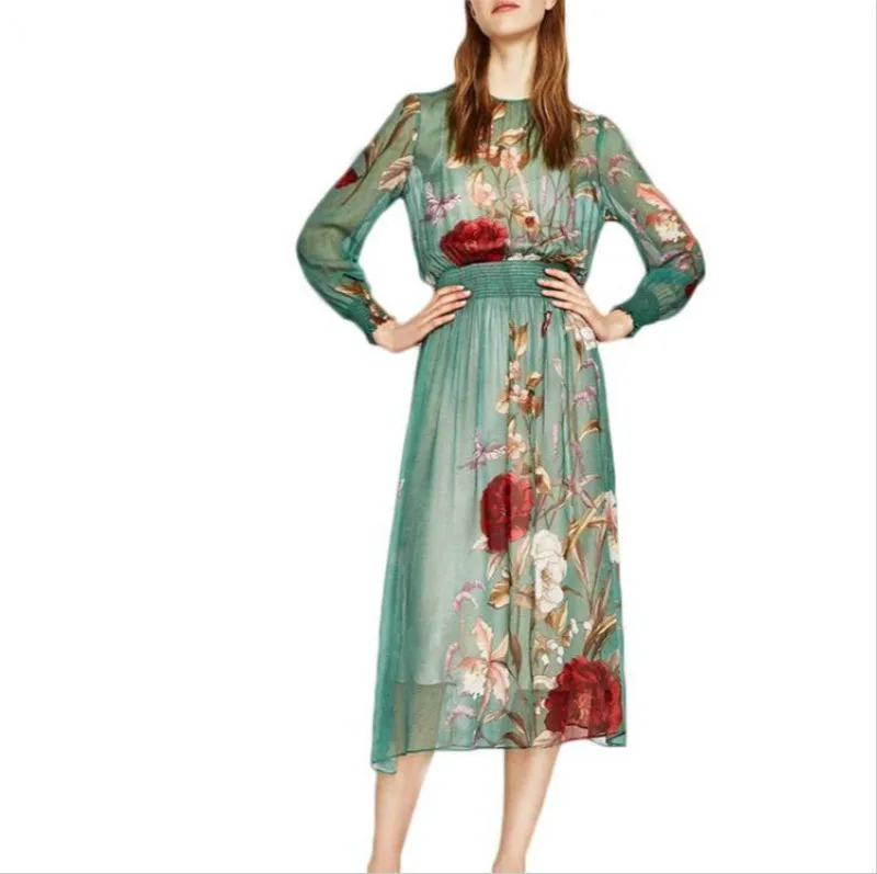 Женское шифоновое платье с длинным рукавом и эластичным поясом|woman elegant|dress vestidostwo