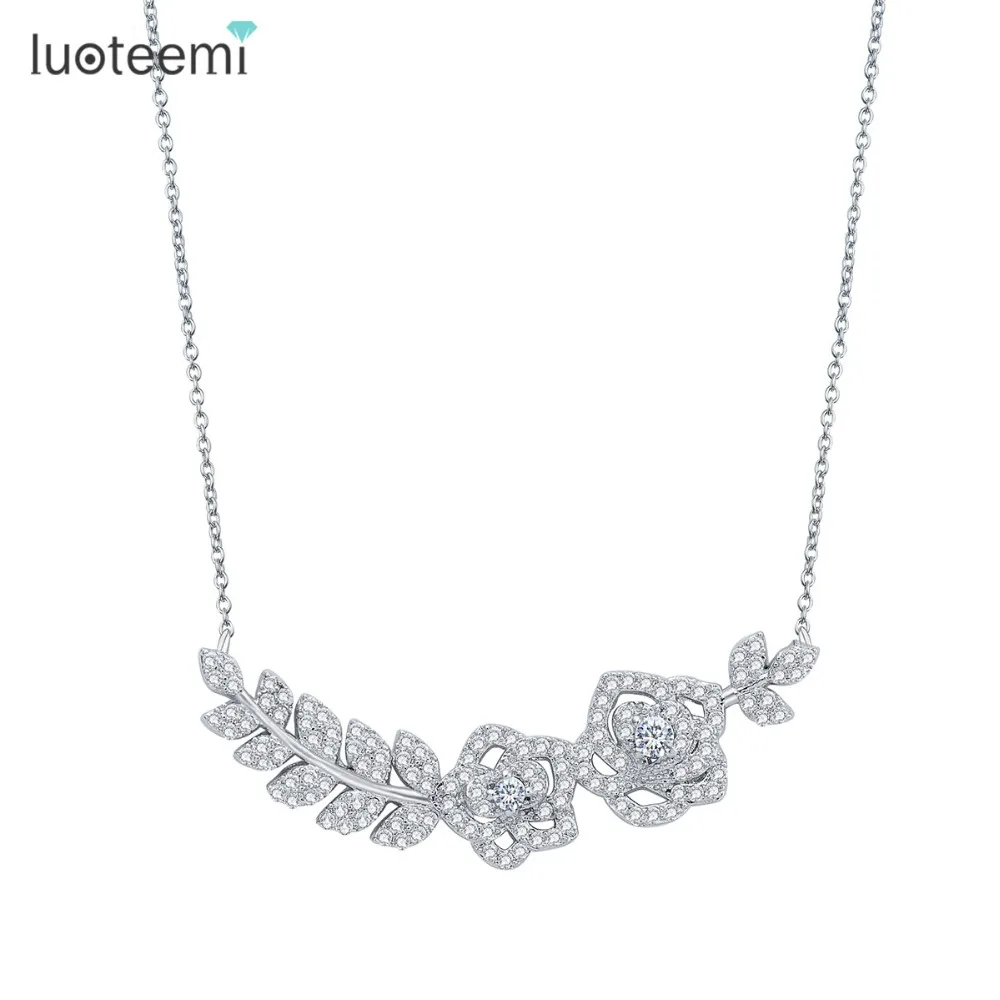 

LUOTEEMI 2016 Korea Fashion Pendant AAA Cubic Zirconia Romantic Roses Choker Necklace For Women White Gold-Color Jewelry Bijoux