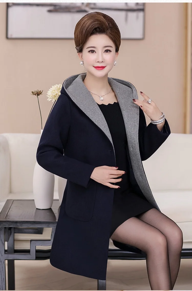 Autumn Winter Woolen Coat Women Hooded New Middle-aged Mother Clothes Long Slim Wool Coat Womens windbreaker Plus Size coat 5XL